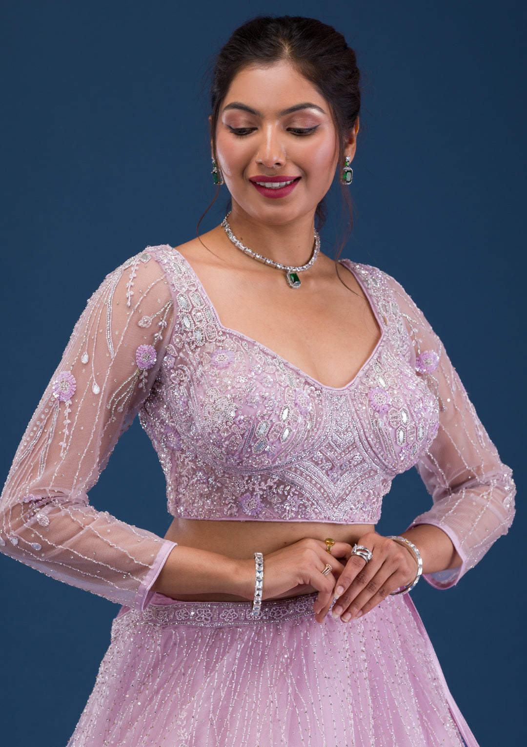 Lavender Cutdana Net Readymade Lehenga