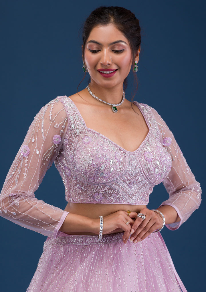 Lavender Cutdana Net Readymade Lehenga
