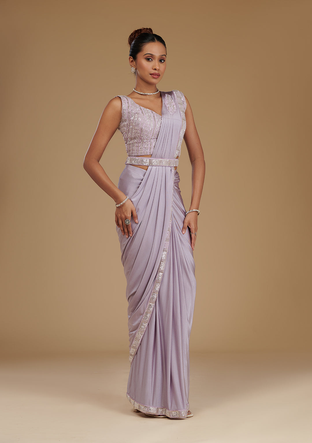 Lavender Cutdana Satin Readymade Saree