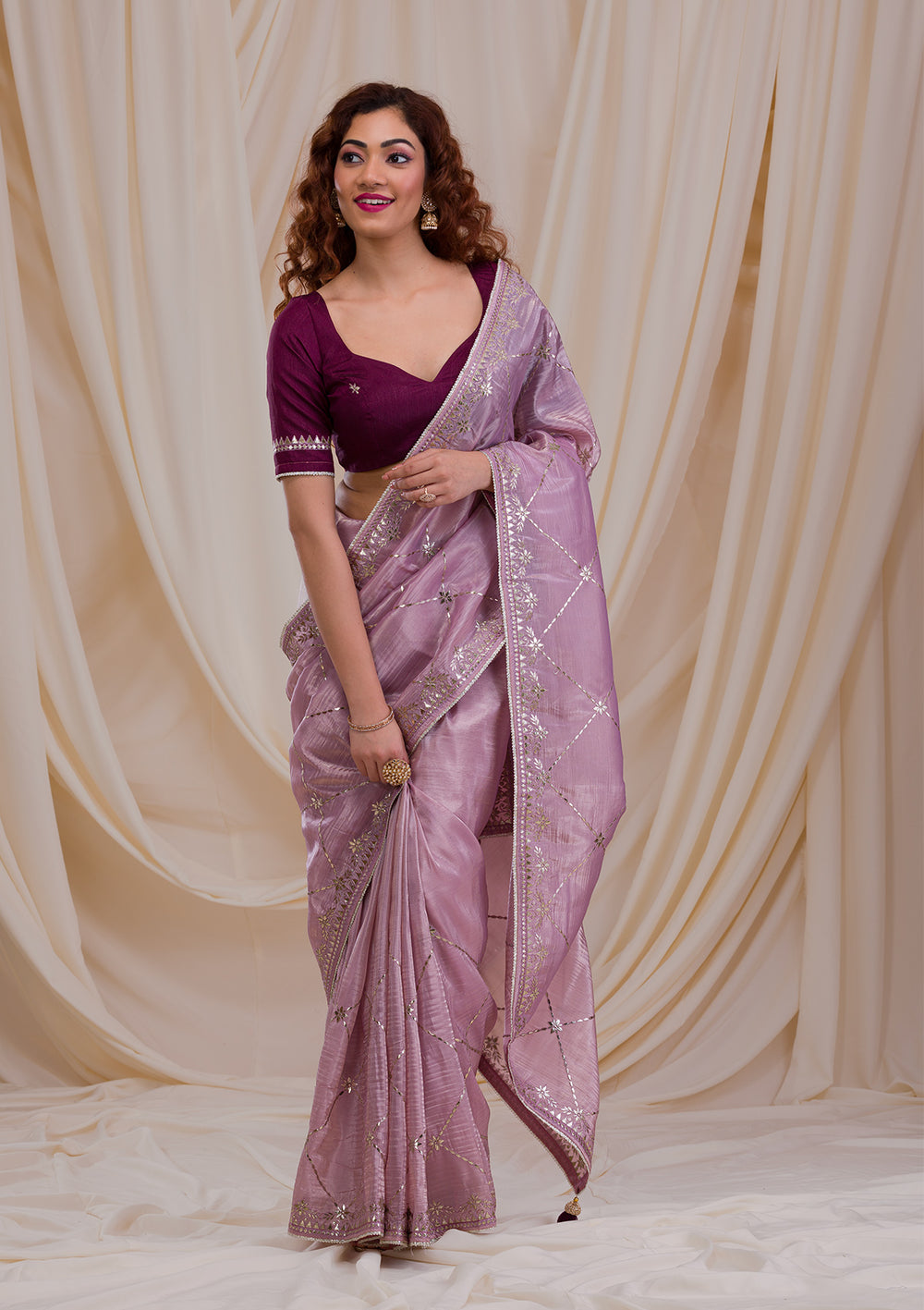 Lavender Gotapatti Tissue Saree-Koskii