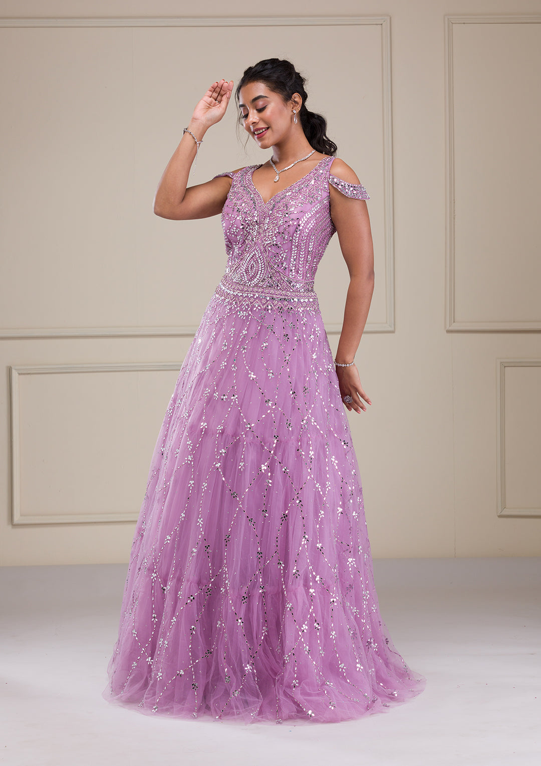 Lavender Mirrorwork Net Gown
