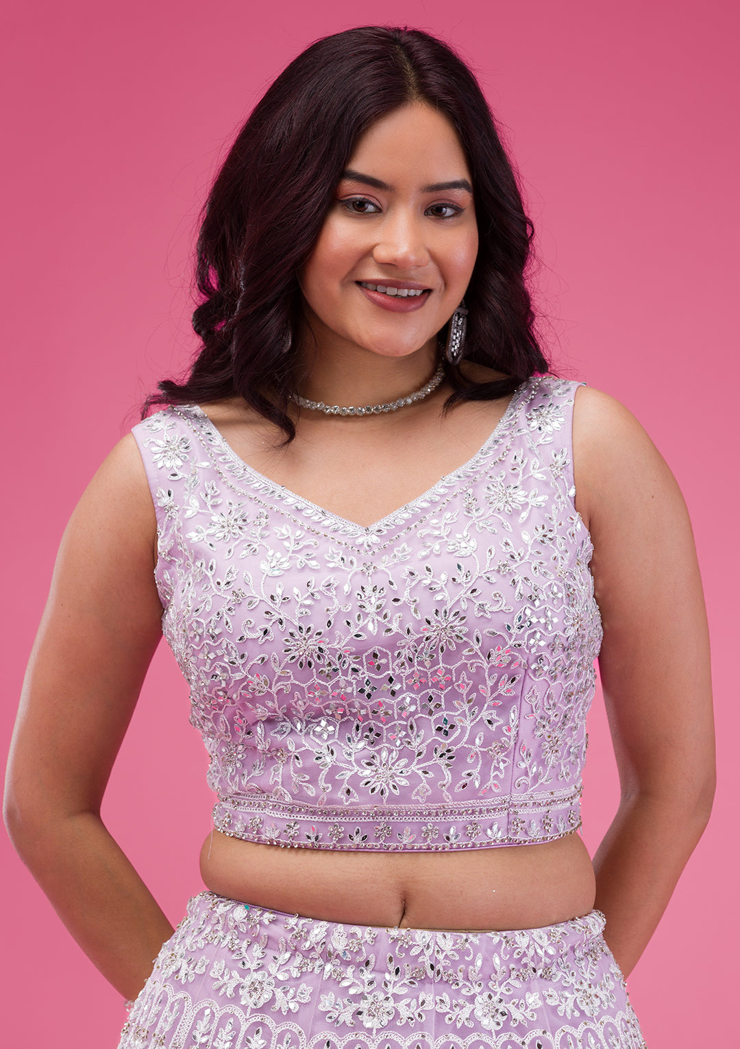 Lavender Mirrorwork Net Readymade Lehenga-Koskii