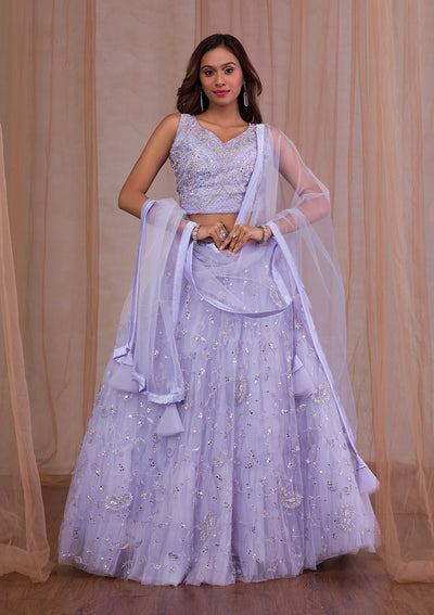 Lavender Mirrorwork Net Readymade Lehenga-Koskii