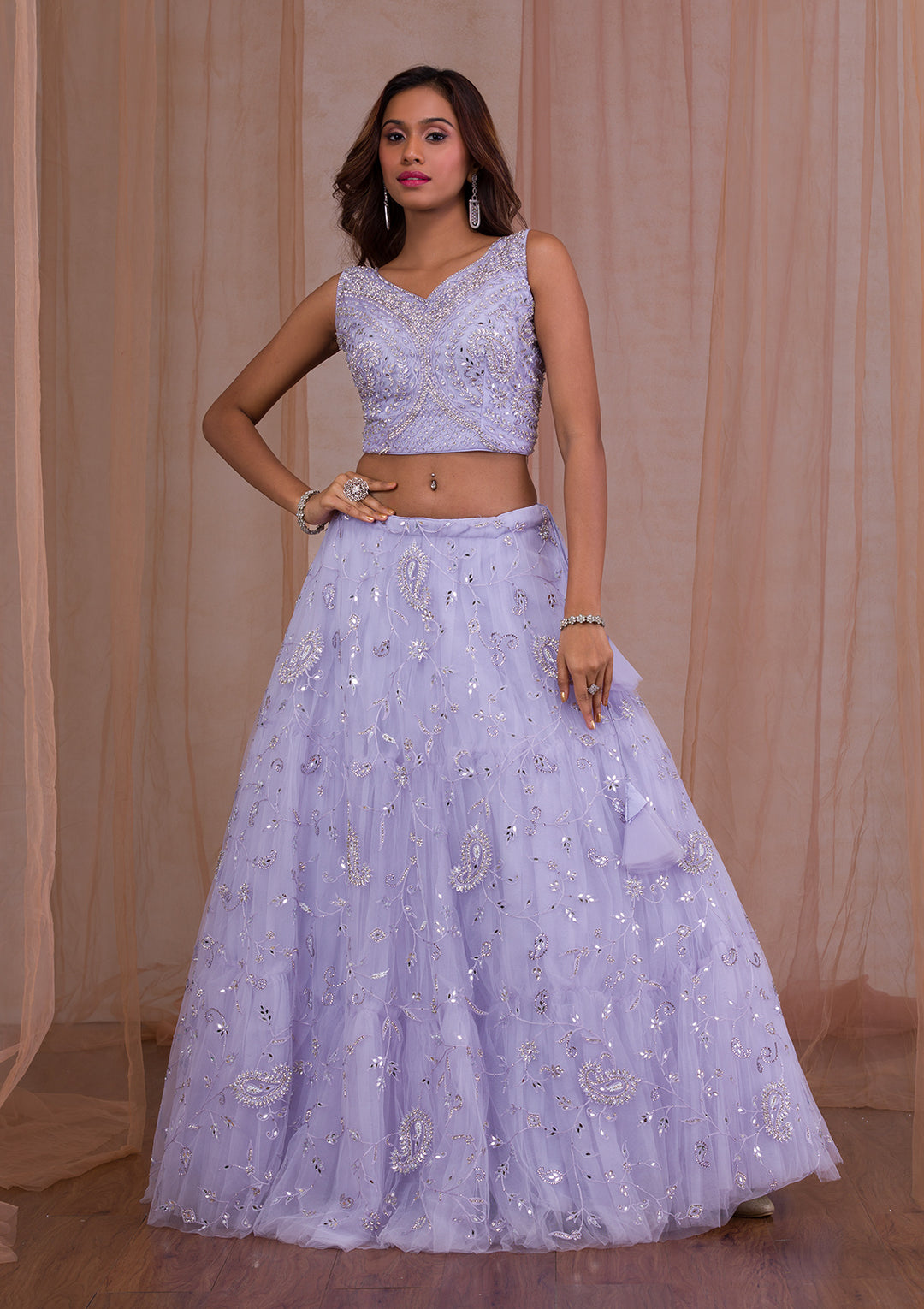Lavender Mirrorwork Net Readymade Lehenga