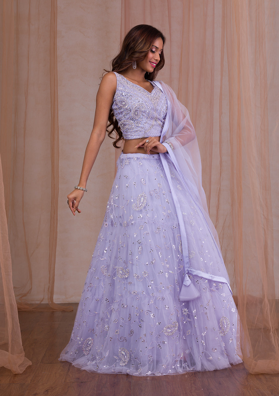 Lavender Mirrorwork Net Readymade Lehenga