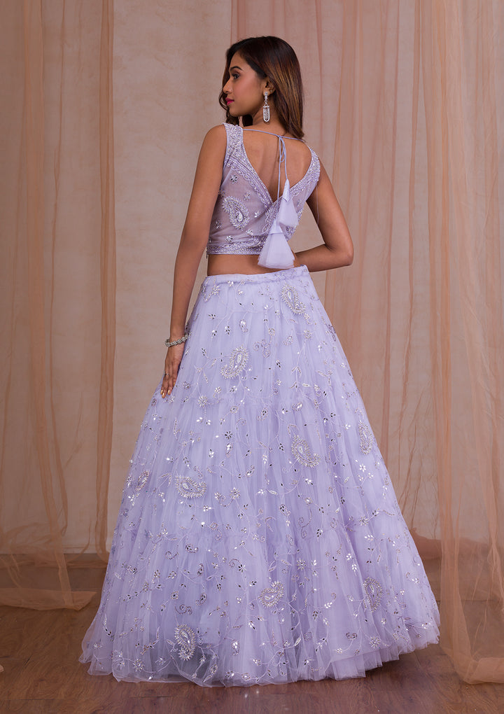 Lavender Mirrorwork Net Readymade Lehenga