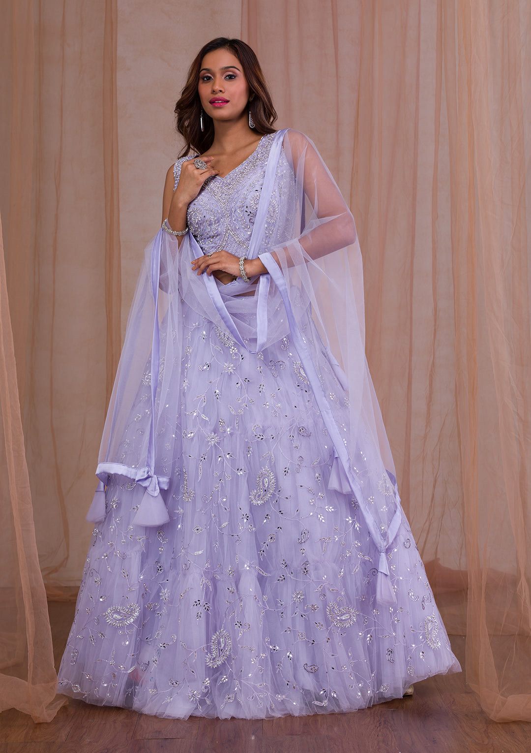 Lavender Mirrorwork Net Readymade Lehenga