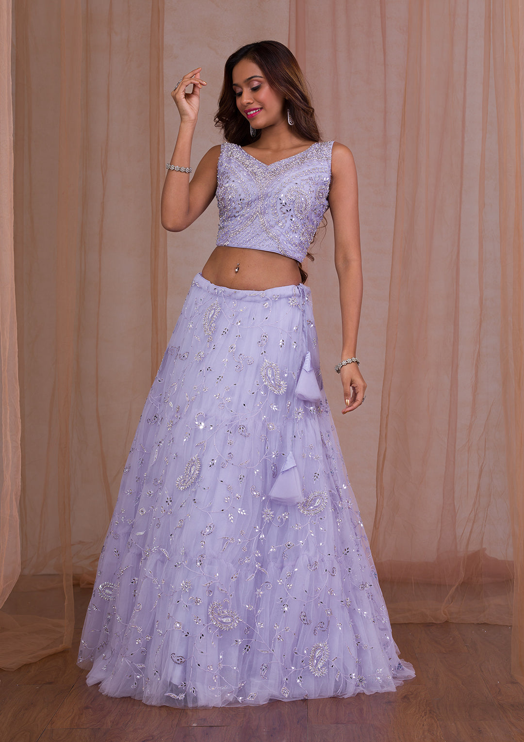 Lavender Mirrorwork Net Readymade Lehenga