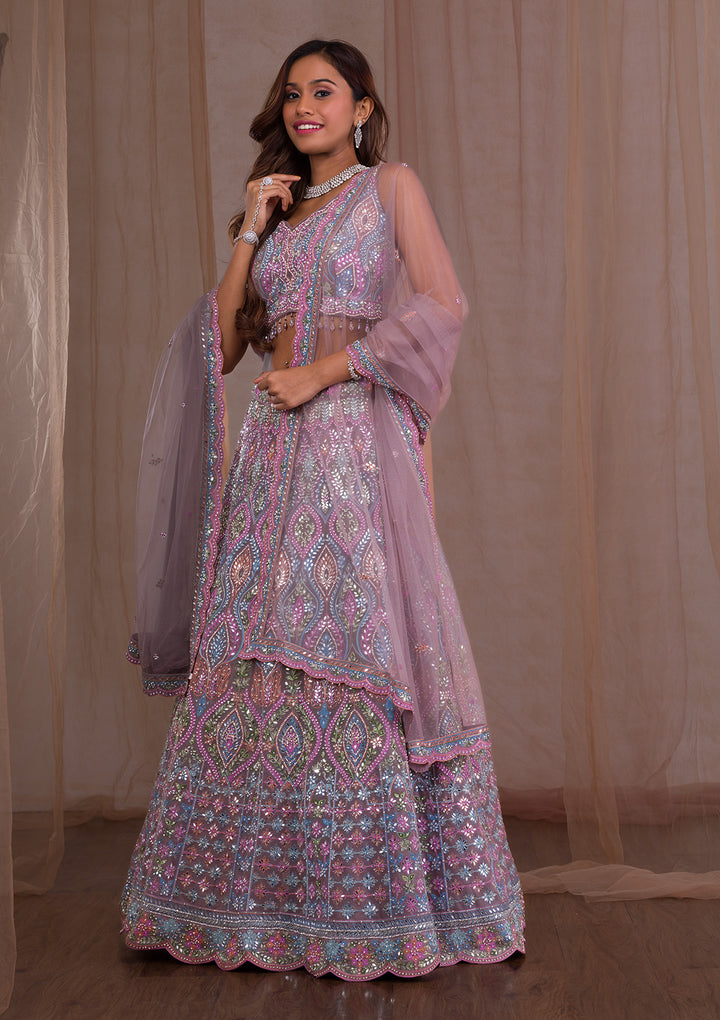 Lavender Mirrorwork Net Readymade Lehenga