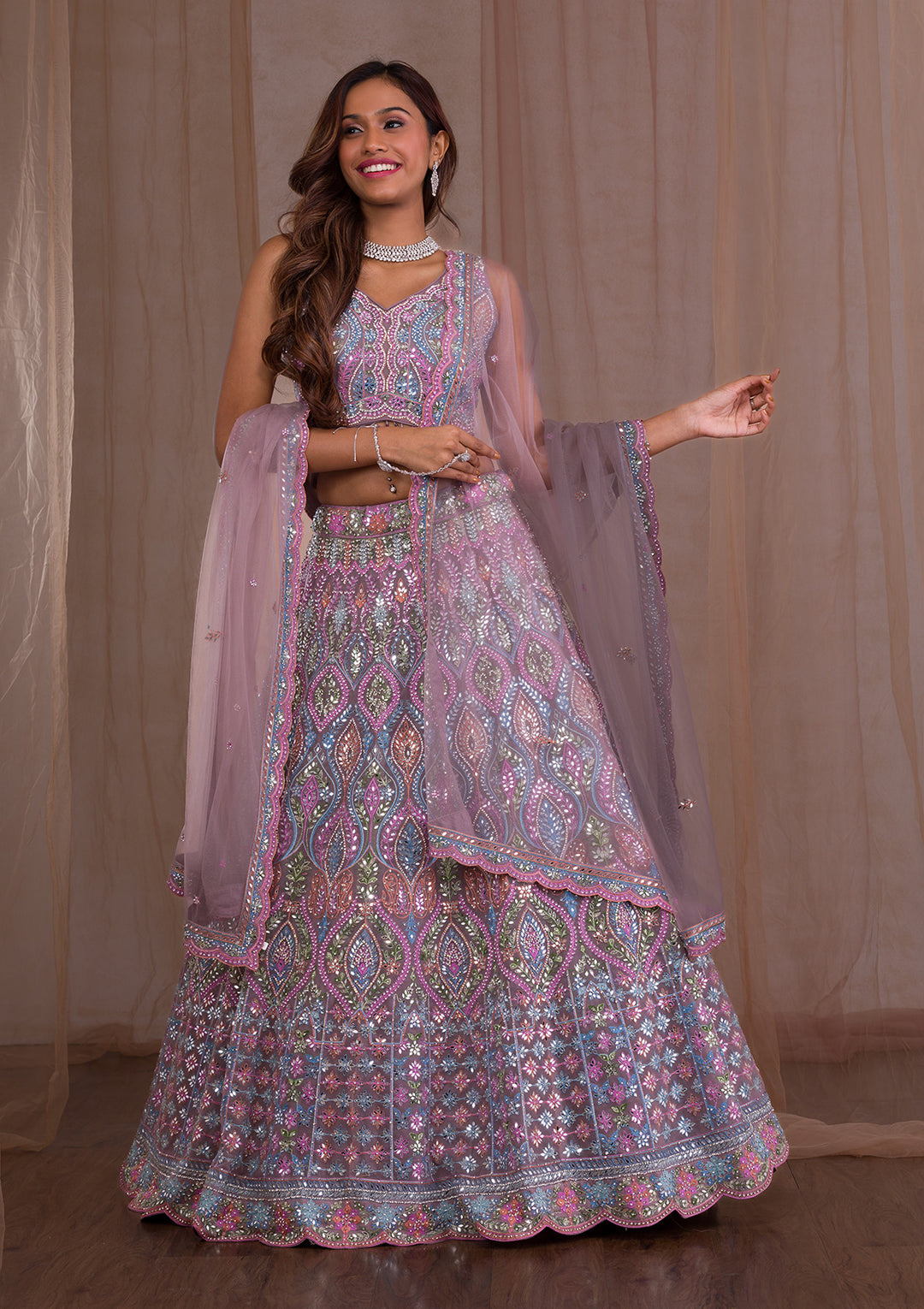 Lavender Mirrorwork Net Readymade Lehenga-Koskii