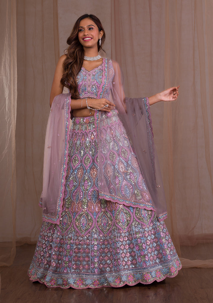 Lavender Mirrorwork Net Readymade Lehenga-Koskii