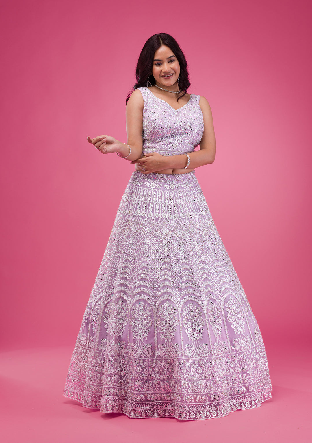 Lavender Mirrorwork Net Readymade Lehenga-Koskii