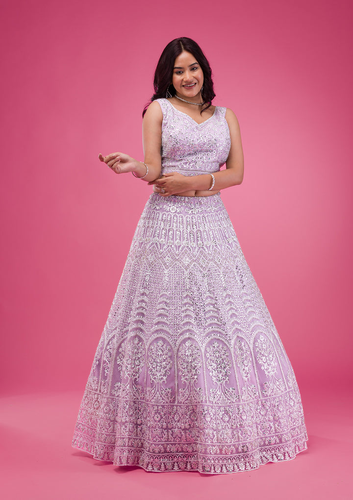 Lavender Mirrorwork Net Readymade Lehenga-Koskii