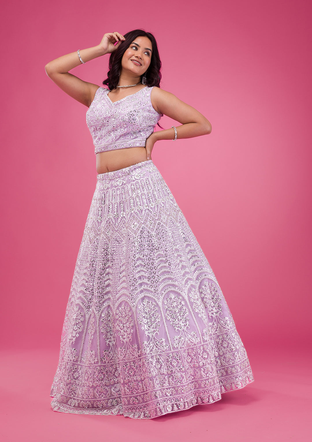 Lavender Mirrorwork Net Readymade Lehenga-Koskii