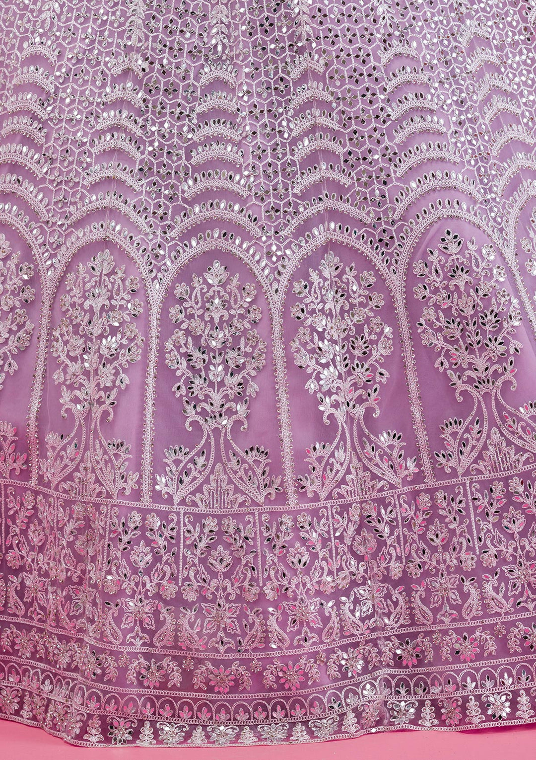 Lavender Mirrorwork Net Readymade Lehenga-Koskii