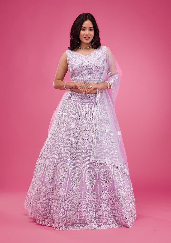 Lavender Mirrorwork Net Readymade Lehenga-Koskii