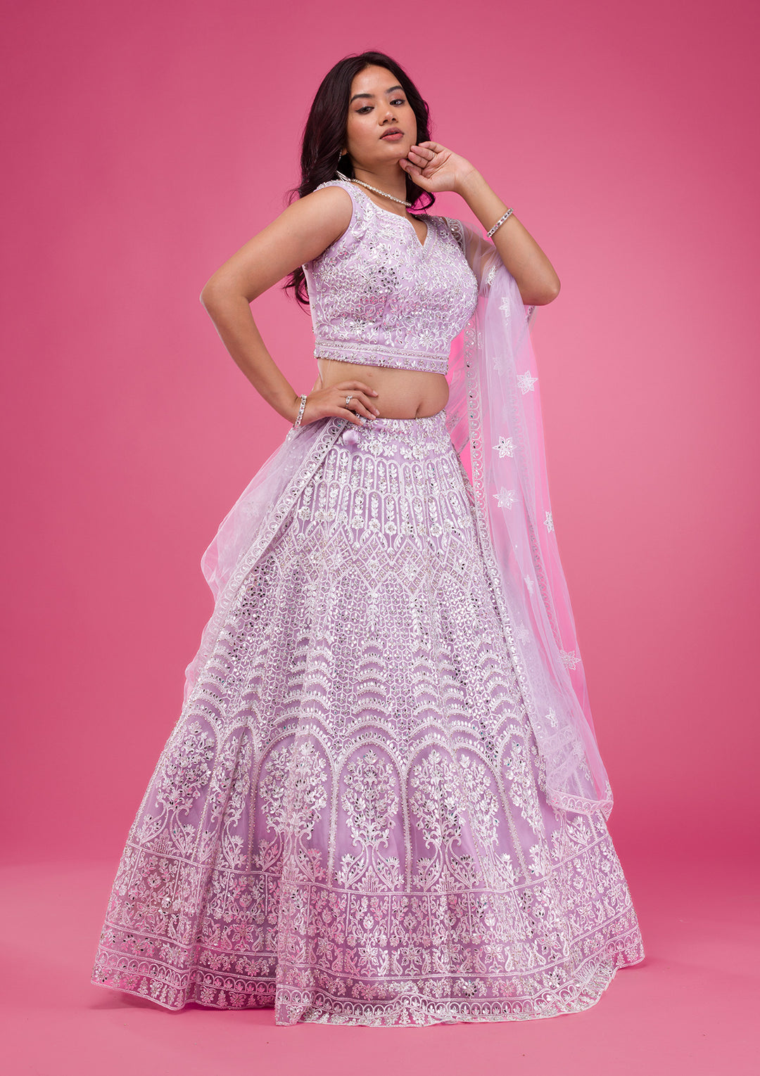 Lavender Mirrorwork Net Readymade Lehenga-Koskii