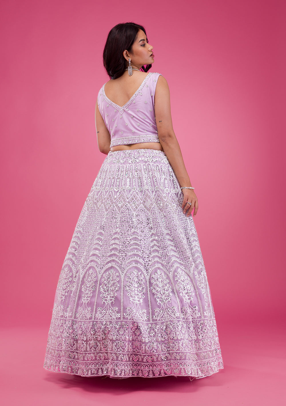 Lavender Mirrorwork Net Readymade Lehenga-Koskii