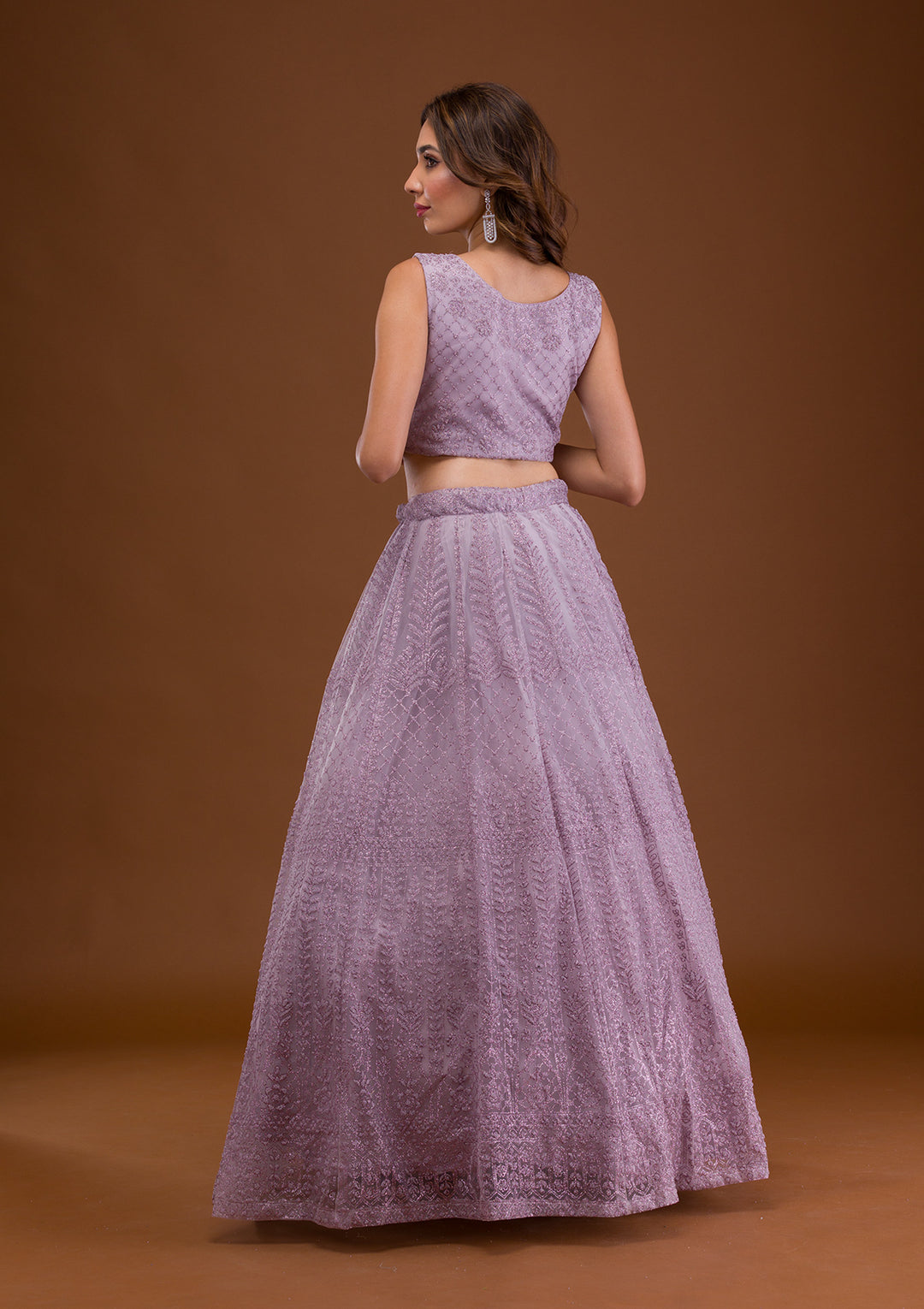Lavender Pearlwork Net Readymade Lehenga