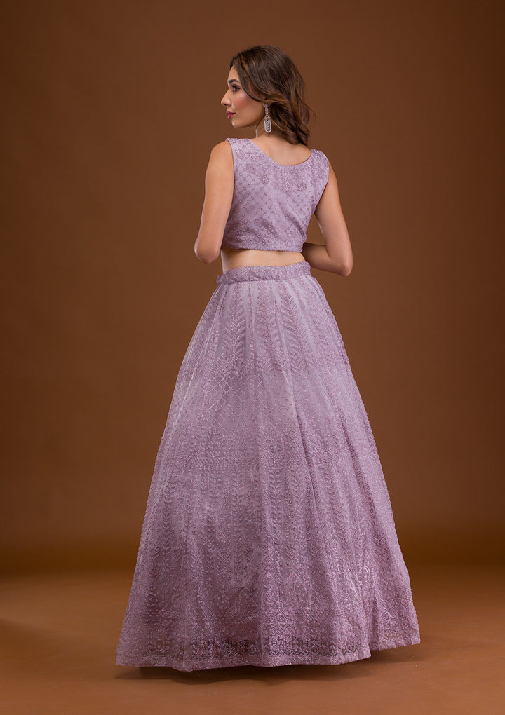 Lavender Pearlwork Net Readymade Lehenga