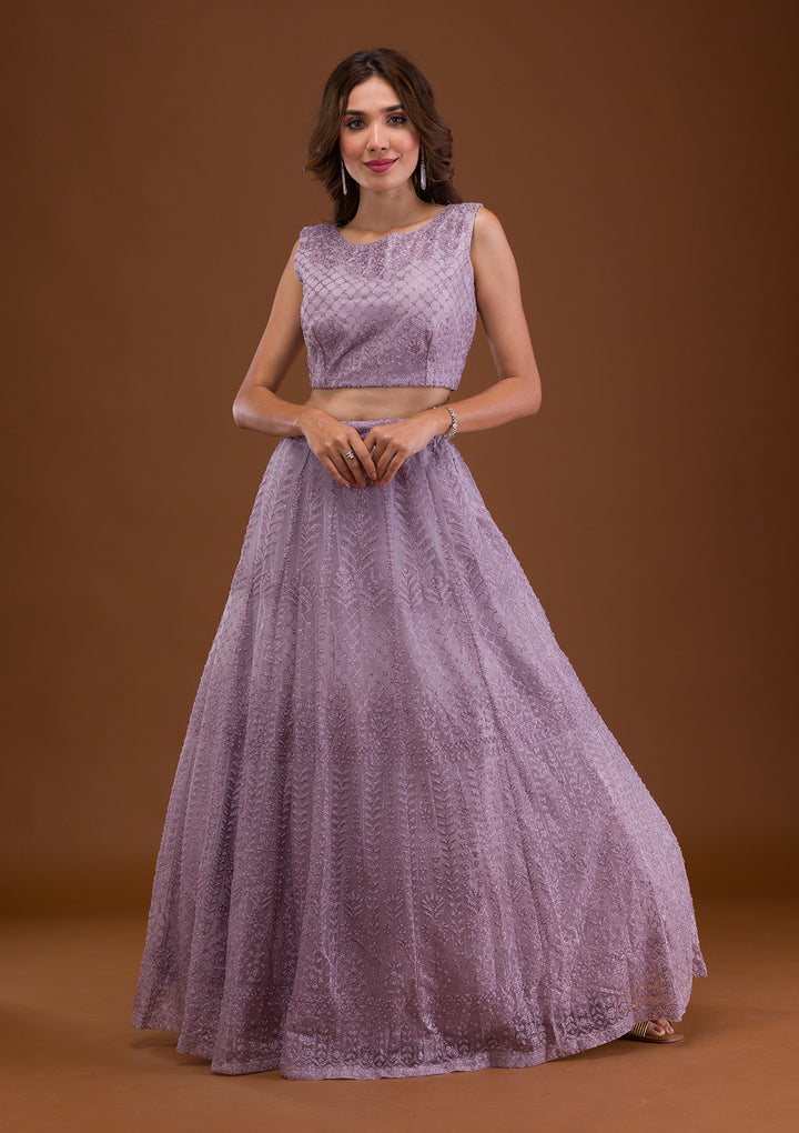 Lavender Pearlwork Net Readymade Lehenga