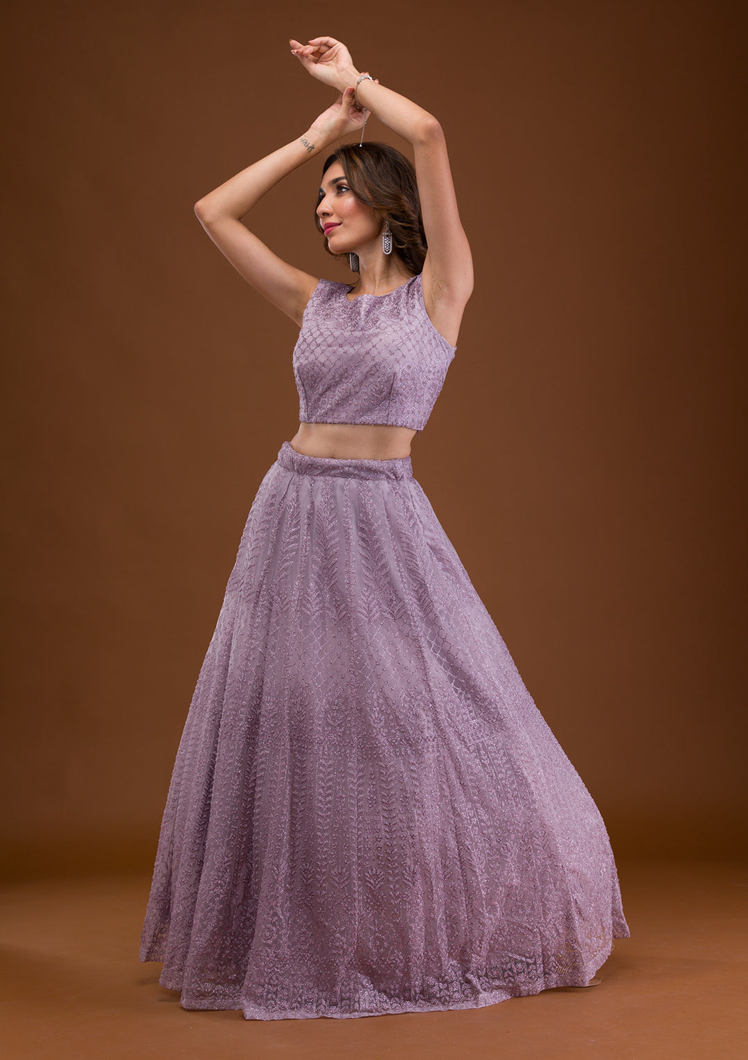 Lavender Pearlwork Net Readymade Lehenga
