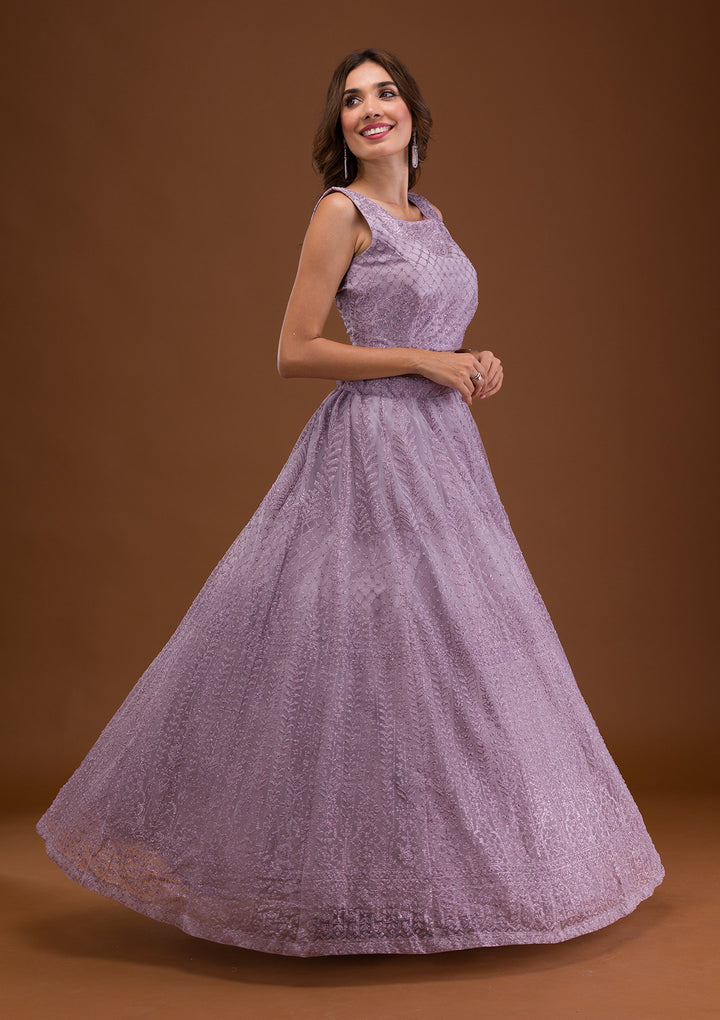 Lavender Pearlwork Net Readymade Lehenga