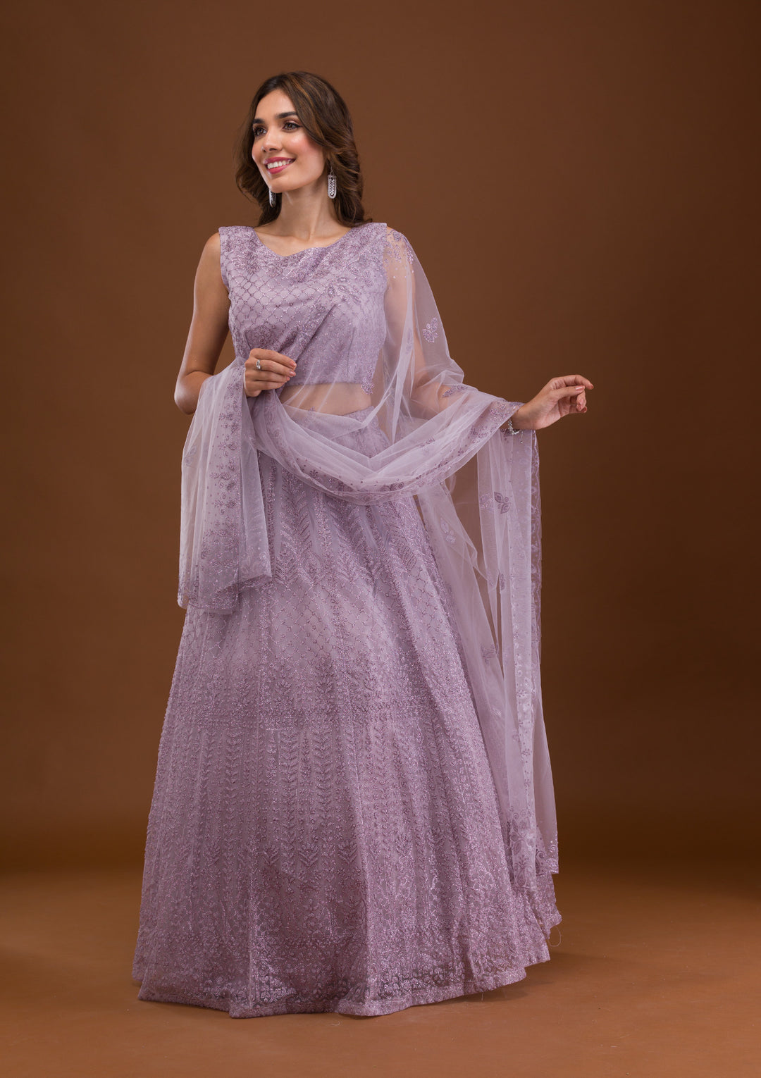 Lavender Pearlwork Net Readymade Lehenga