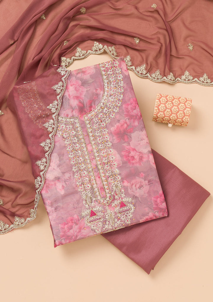Lavender Printed Organza Unstitched Salwar Suit