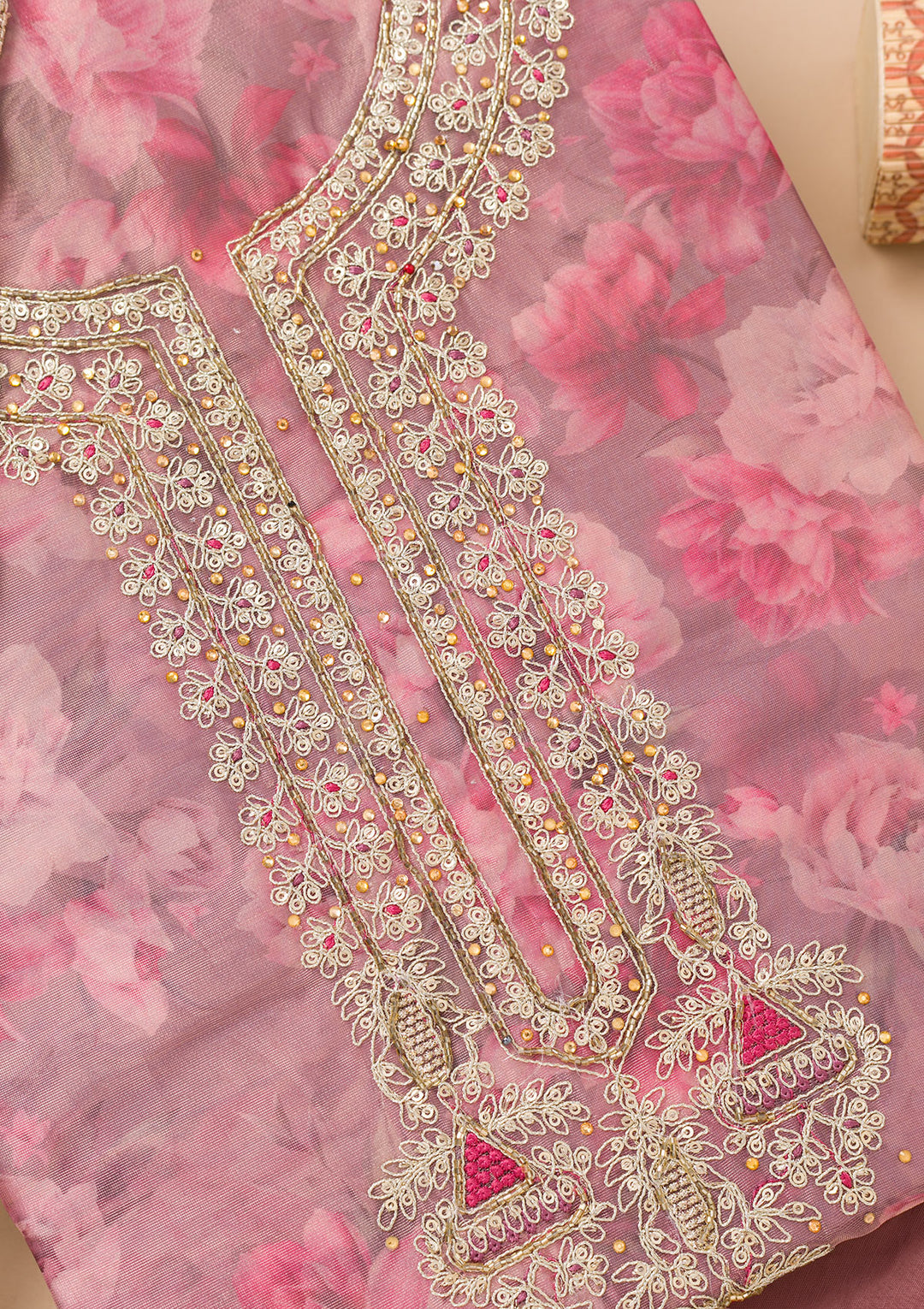 Lavender Printed Organza Unstitched Salwar Suit