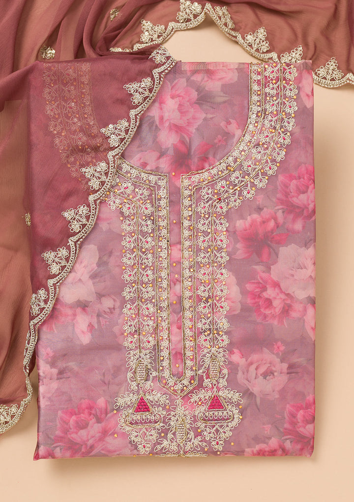 Lavender Printed Organza Unstitched Salwar Suit
