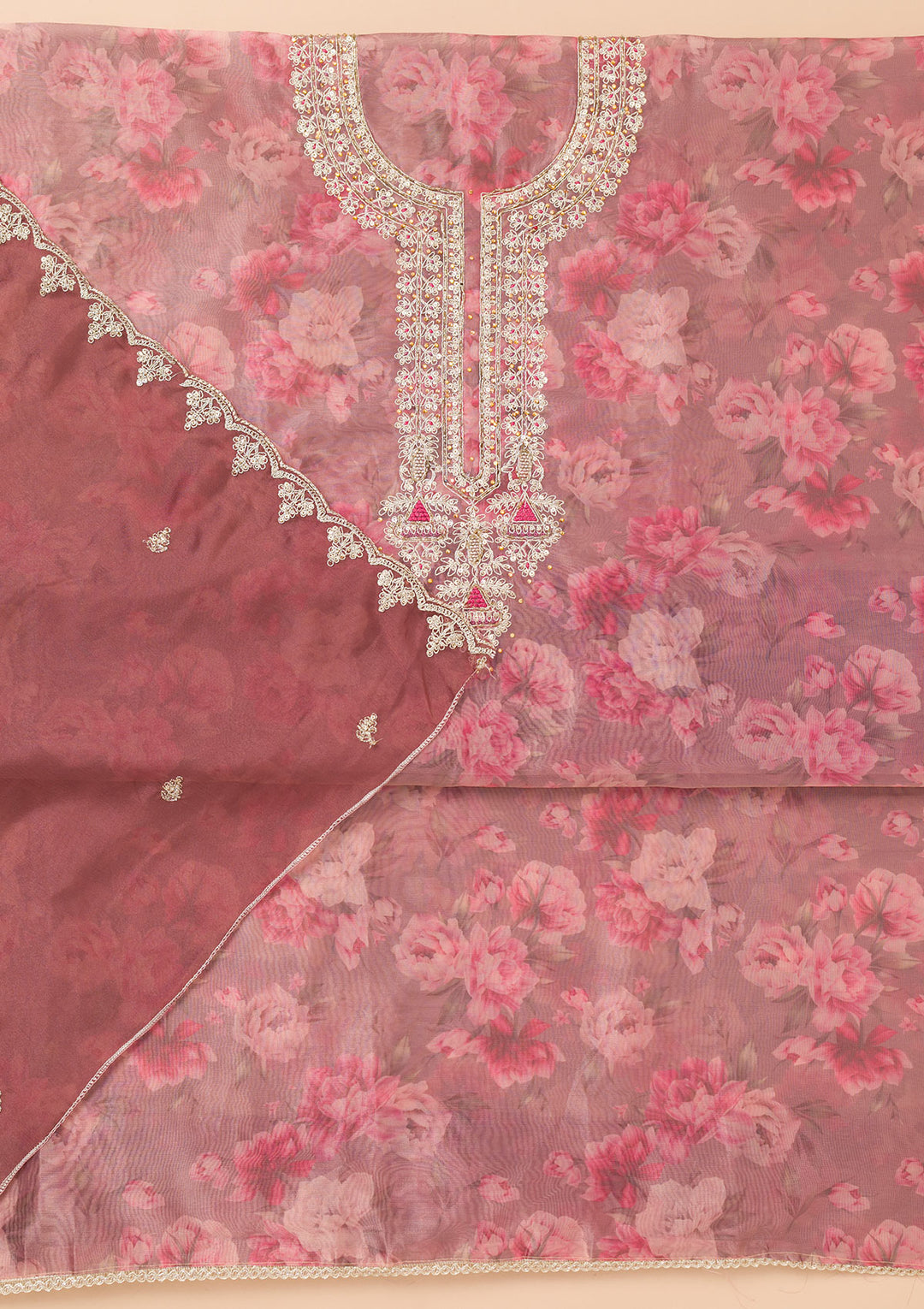 Lavender Printed Organza Unstitched Salwar Suit