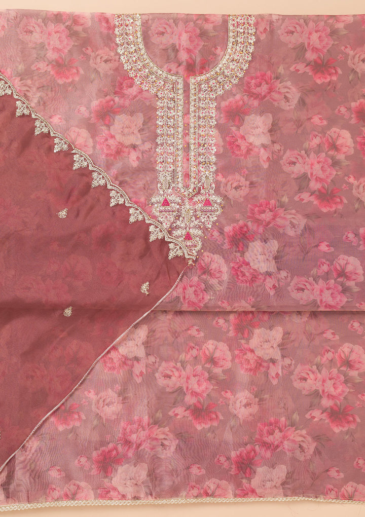 Lavender Printed Organza Unstitched Salwar Suit