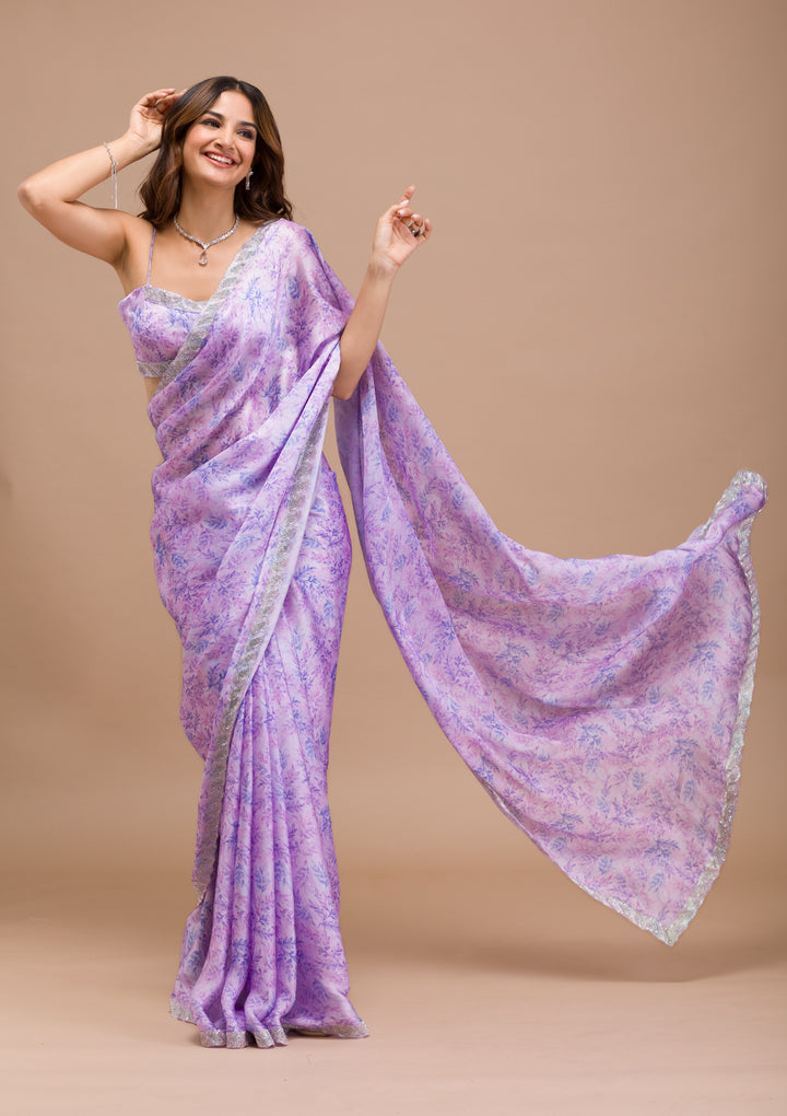 Lavender Printed Satin Saree