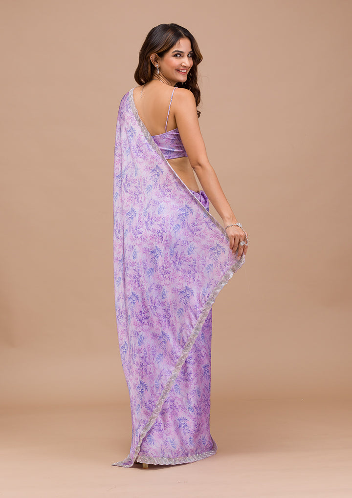 Lavender Printed Satin Saree