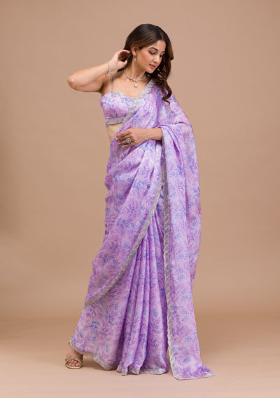 Lavender Printed Satin Saree