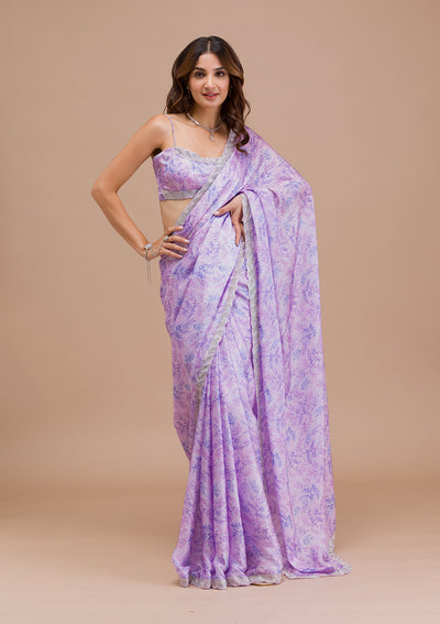 Lavender Printed Satin Saree