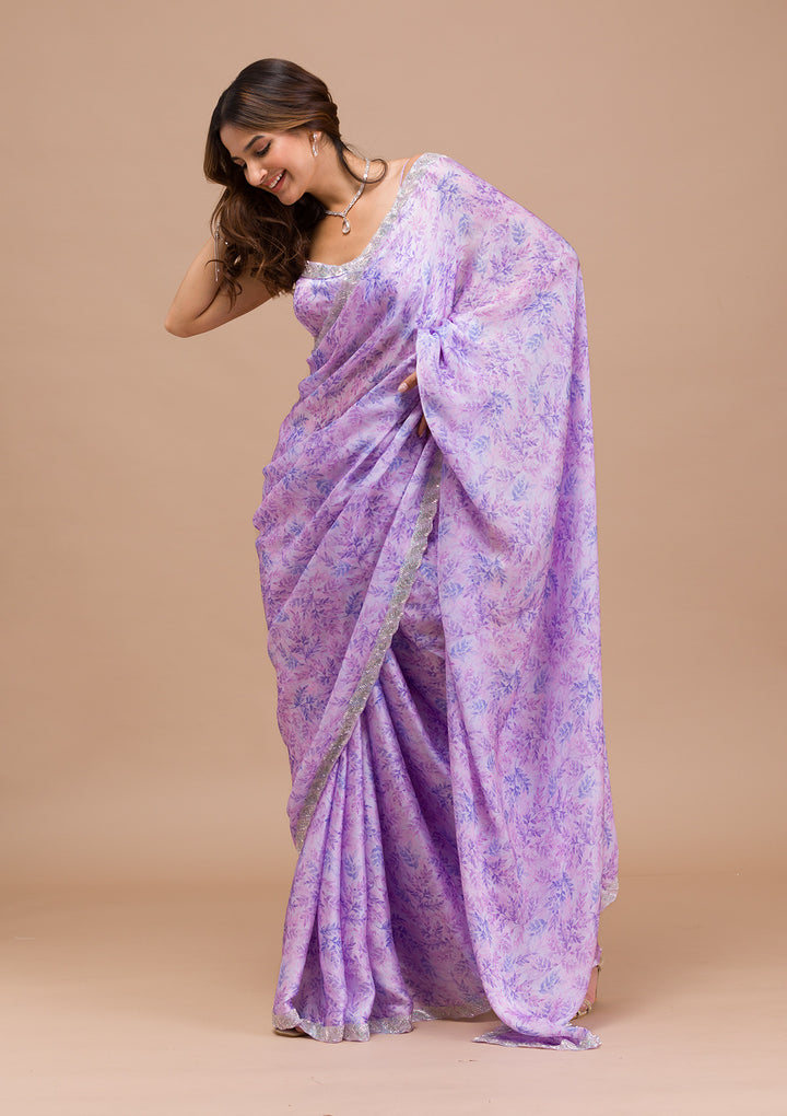 Lavender Printed Satin Saree