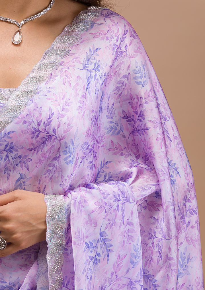 Lavender Printed Satin Saree