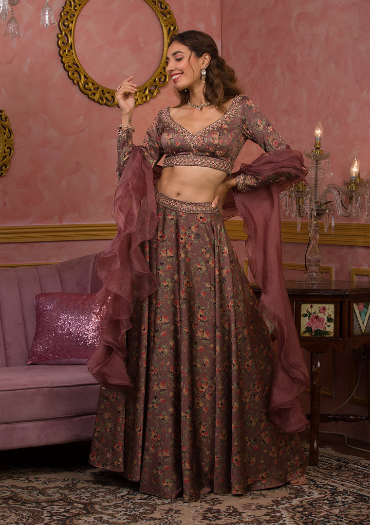 Lavender Printed Semi Crepe Readymade Lehenga-Koskii