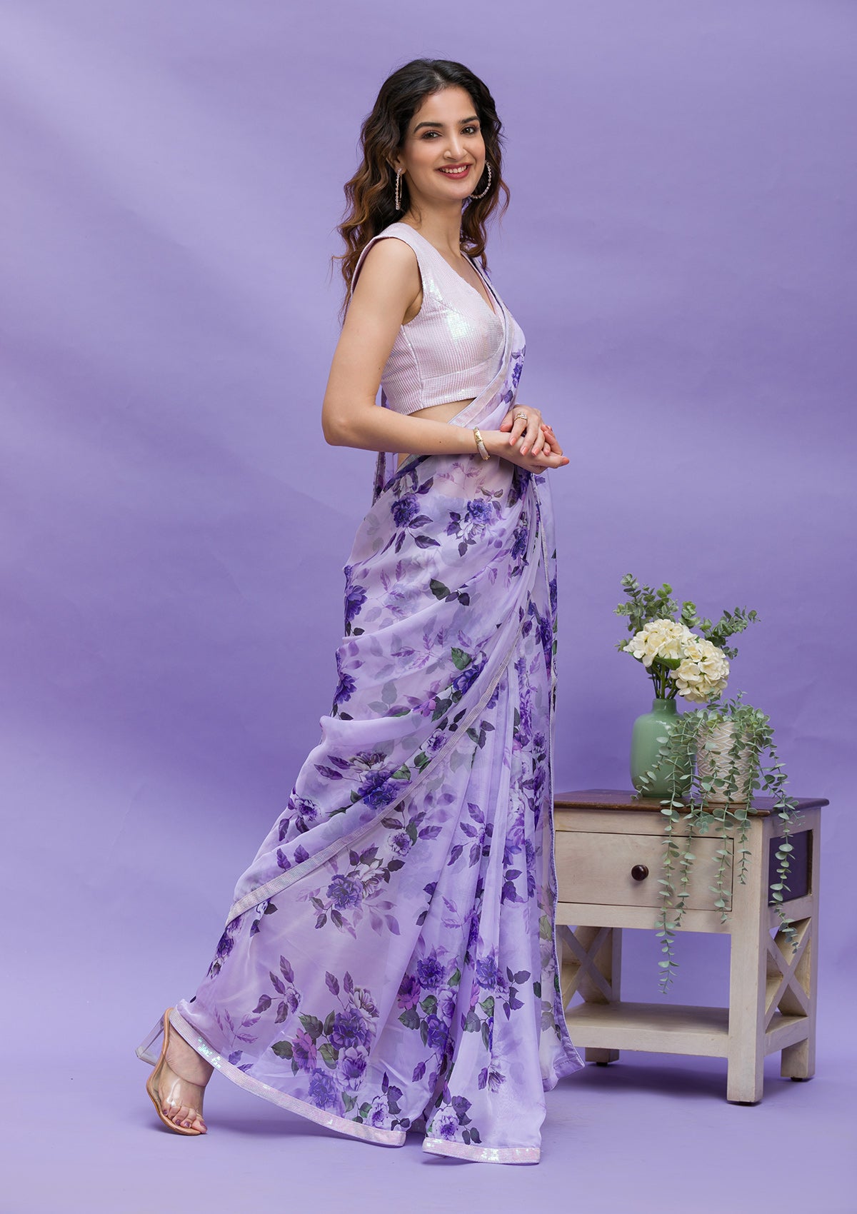Lavender Floral Printed Organza Designer Saree