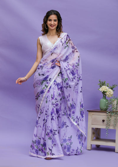 Lavender Floral Printed Organza Designer Saree-Koskii