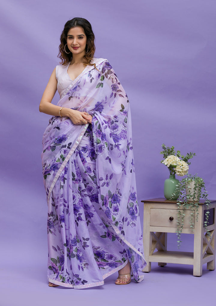 Lavender Floral Printed Organza Designer Saree