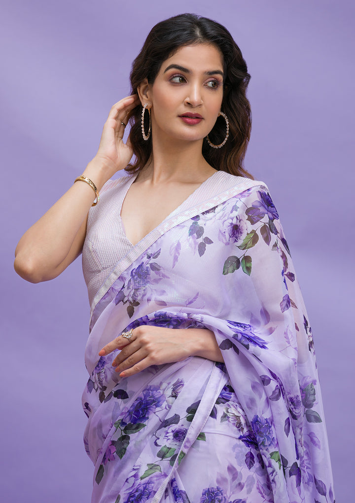 Lavender Floral Printed Organza Designer Saree