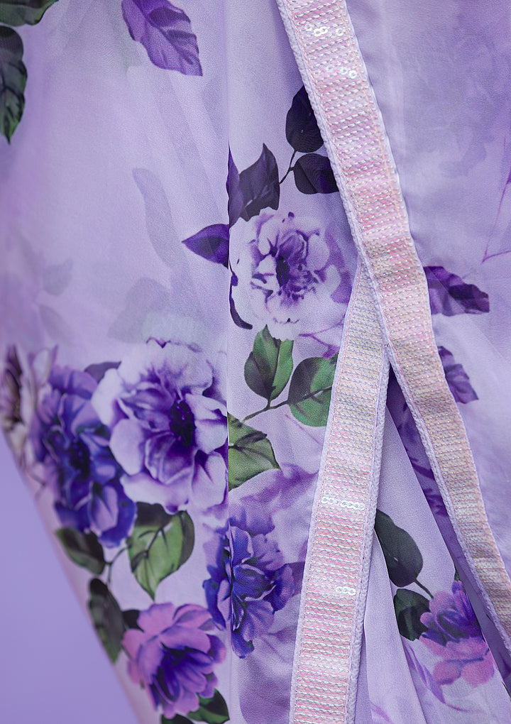 Lavender Floral Printed Organza Designer Saree
