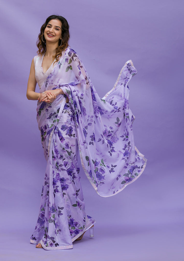 Lavender Floral Printed Organza Designer Saree
