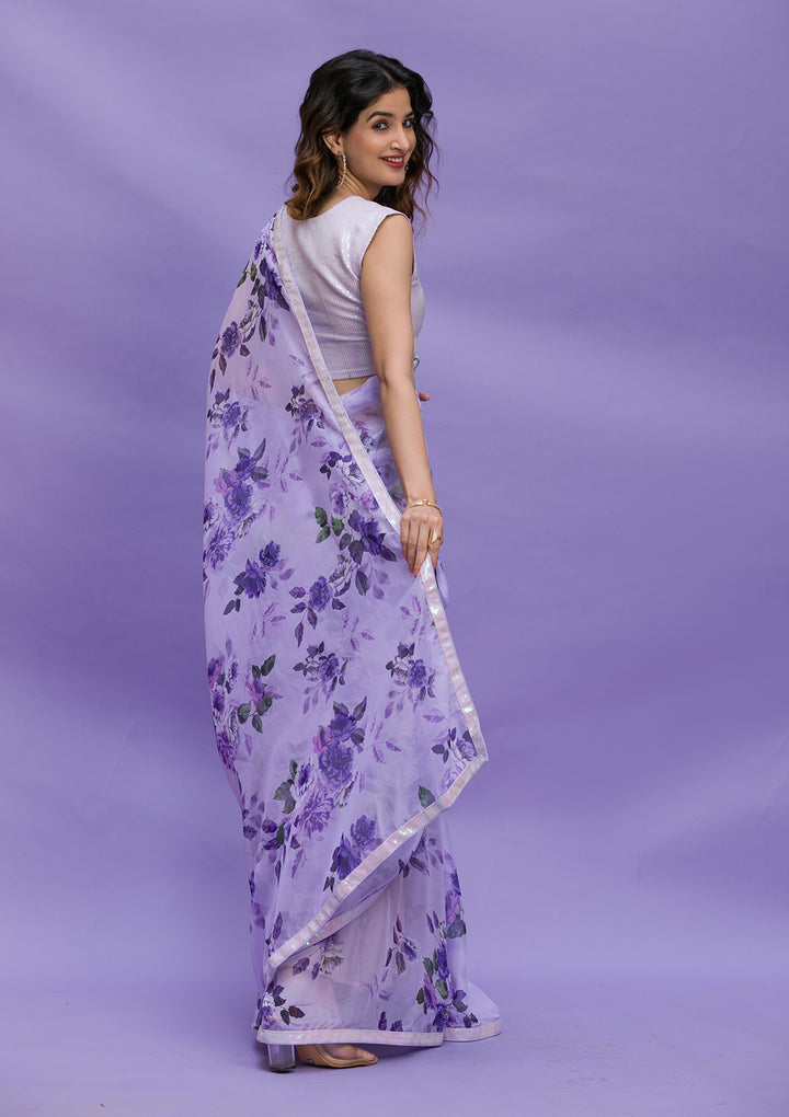 Lavender Floral Printed Organza Designer Saree