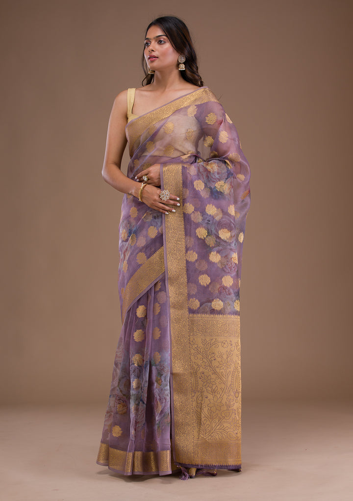 Lavender Printed Tissue Saree