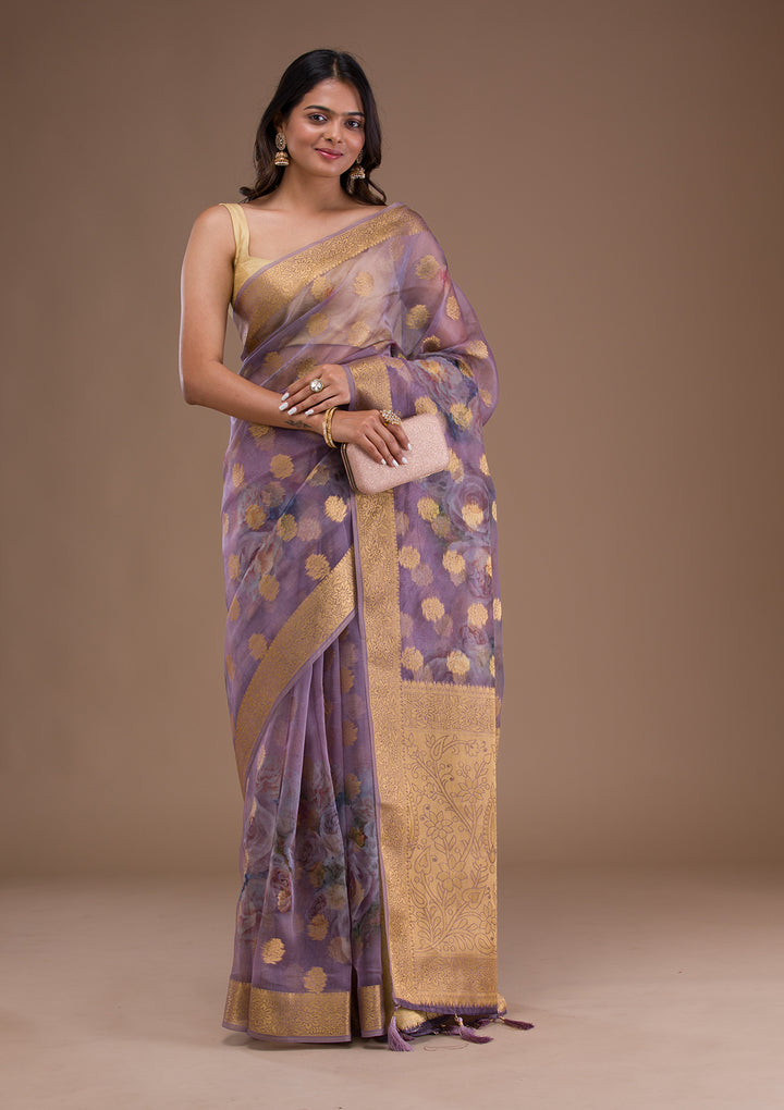Lavender Printed Tissue Saree