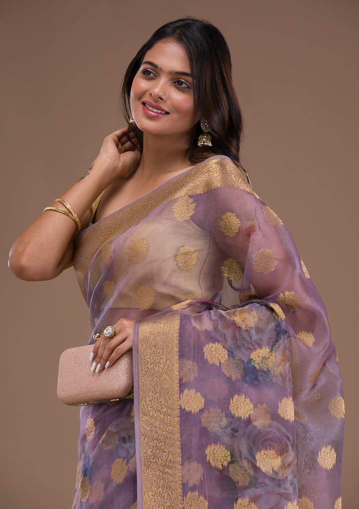 Lavender Printed Tissue Saree